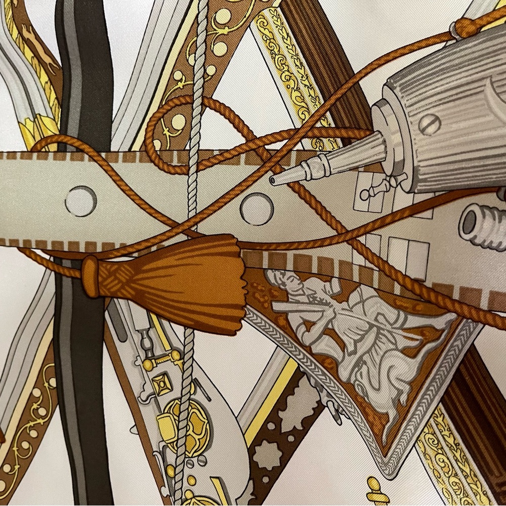 Hermès Diane Elegant White and Gold Silk Scarf with Brown Accents. - Picture 10 of 16